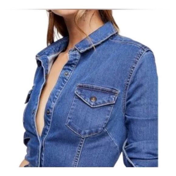 Free People Jean Dynamite Mini Dress Long Sleeve Stretch Denim Blue Women's M - Picture 7 of 16